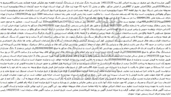 مزایده سه دانگ مشاع از ششدانگ آپارتمان قطعه دوم تفکیکی