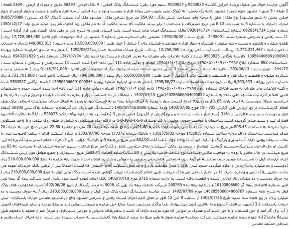 مزایده ششدانگ پلاک اصلی 4 پلاک فرعی 50293 مفروز و مجزی