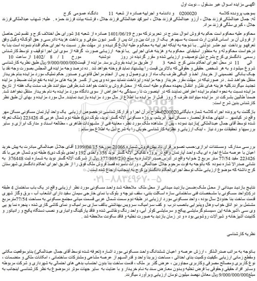 مزایده یک واحد آپارتمان مسکونی مسکن مهر