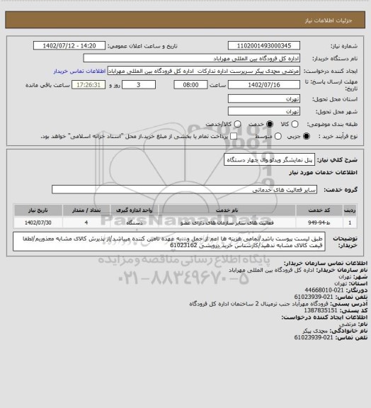 استعلام پنل نمایشگر ویدئو وال چهار دستگاه