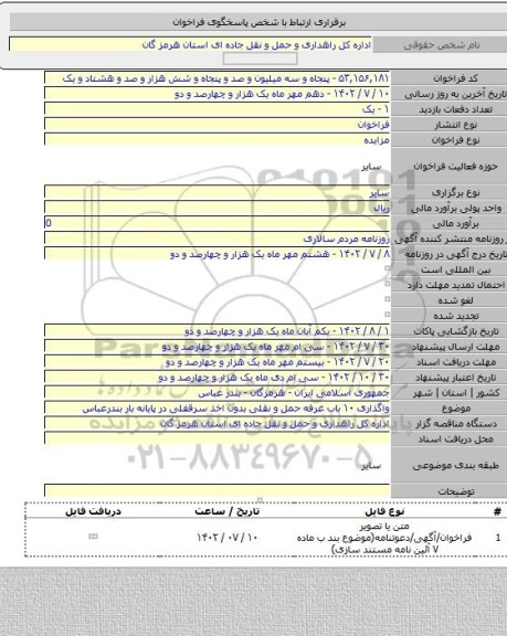 مزایده, واگذاری ۱۰ باب غرفه حمل و نقلی بدون اخذ سرقفلی در پایانه بار بندرعباس