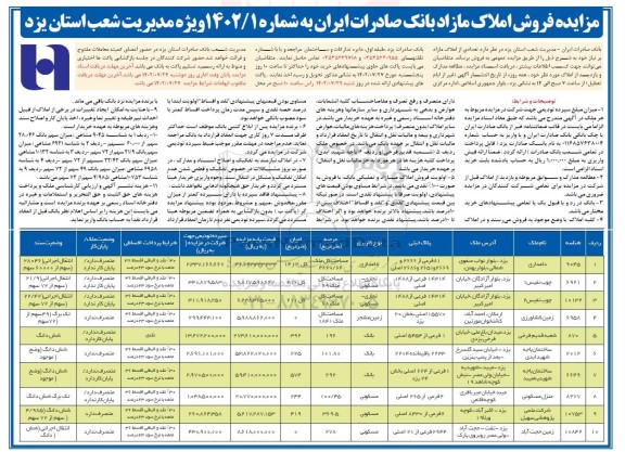 مزایده فروش 10 ملک با کاربری دامداری، تجاری- مسکونی، زمین مشجر، بانک، مسکونی