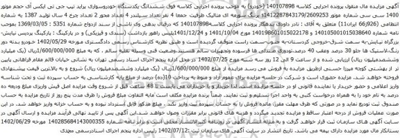 آگهی مزایده ششدانگ یکدستگاه خودروسواری پراید تیپ جی تی ایکس