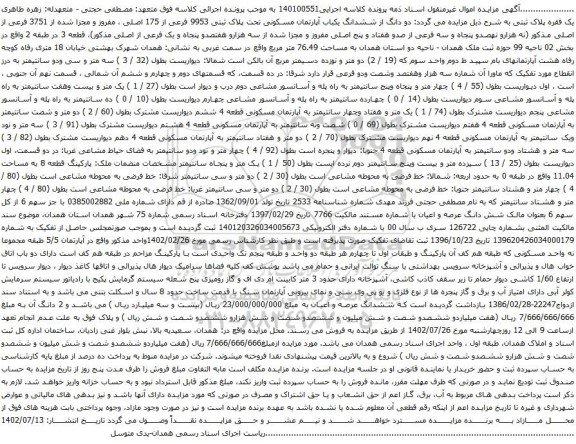 آگهی مزایده دو دانگ از ششدانگ یکباب آپارتمان مسکونی تحت پلاک ثبتی 9953 فرعی از 175 اصلی ، مفروز و مجزا شده از 3751 فرعی از اصلی
