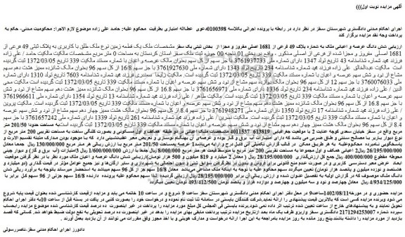 مزایده شش دانگ عرصه و اعیانی ملک به شماره پلاک 49 فرعی از 1681 اصلی