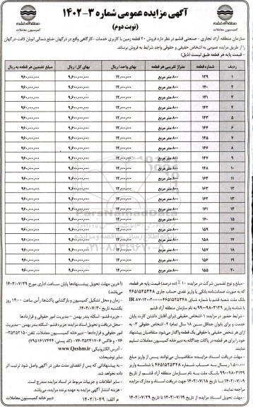 مزایده فروش 20 قطعه زمین با کاربری خدمات- کارگاهی