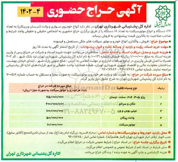 حراج حضوری انواع خودروی سواری و وانت (نیسان و پیکان) به تعداد 126...
