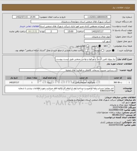 استعلام  نیاز پروژه تامین آب در  شهرکها و نواحی صنعتی طبق لیست پیوست