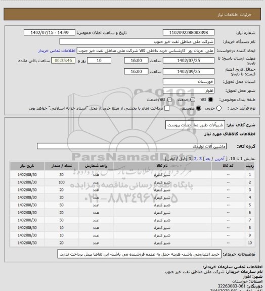 استعلام شیرآلات طبق مشخصات پیوست