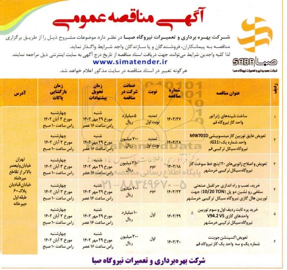 مناقصه ساخت شینه های ژنراتور واحد گاز نیروگاه قم ...