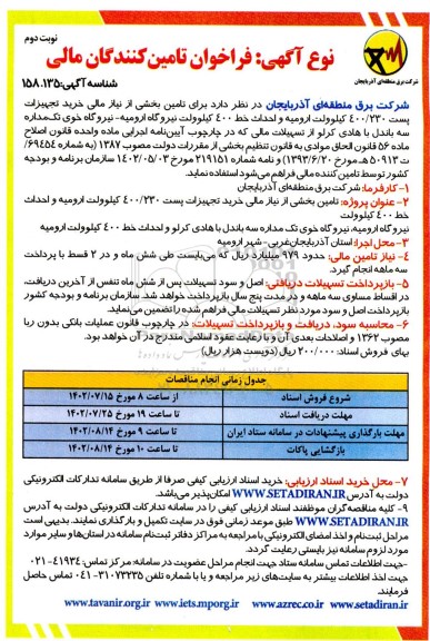 فراخوان تامین کنندگان مالی تامین بخشی از نیاز مالی خرید تجهیزات پست 400/230 کیلوولت...- نوبت دوم 