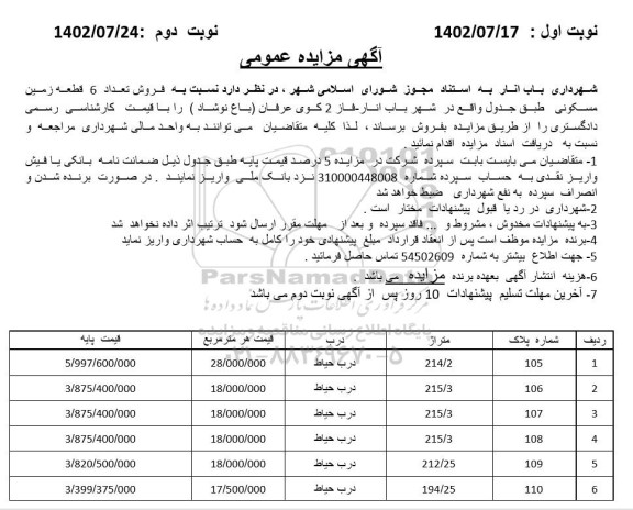 مزایده فروش تعداد 6 قطعه زمین مسکونی 