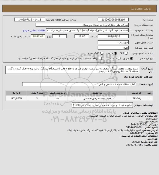 استعلام سیم پیچی ، تعویض بیرینگ، ترمیم دو سر شفت، ترمیم کپ های جلو و عقب (نشیمنگاه بیرینگ)، تامین پروانه خنک کننده و گارد محافظ 5 عدد الکتروموتور 15 اسب بخار