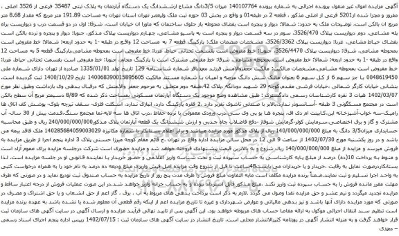 آگهی مزایده میزان 3/5دانگ مشاع ازششدانگ یک دستگاه آپارتمان به پلاک ثبتی 35487 فرعی از 3526 اصلی