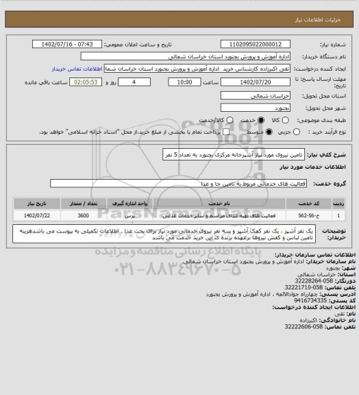 استعلام تامین نیروی مورد نیاز آشپزخانه مرکزی بجنورد به تعداد 5 نفر
