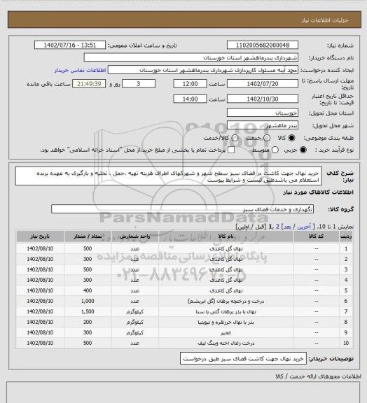 استعلام خرید نهال جهت کاشت در فضای سبز سطح شهر و شهرکهای اطراف هزینه تهیه ،حمل ، تخلیه و بارگیری به عهده برنده استعلام می باشدطبق لیست و شرایط پیوست