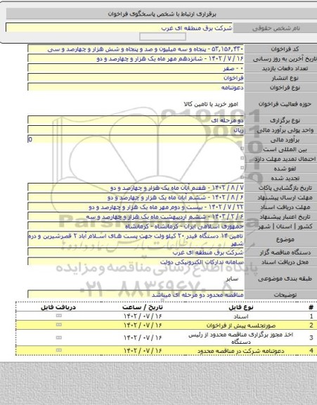 مناقصه, تامین ۱۴ دستگاه فیدر ۲۰ کیلو ولت جهت پست های اسلام آباد ۲ قصرشیرین و دره شهر