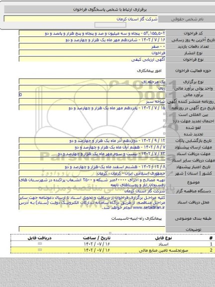 مناقصه, تهیه مصالح و اجرای ۶۰۰۰۰متر شبکه و ۲۵۰۰ انشعاب پراکنده در شهرستان های رفسنجان٬انار و روستاهای تابعه