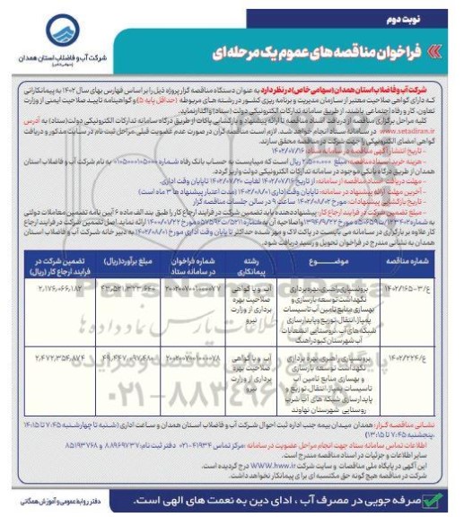 مناقصه برونسپاری راهبری، بهره برداری نگهداشت توسعه بازسازی و بهسازی منابع تامین آب ...نوبت دوم 