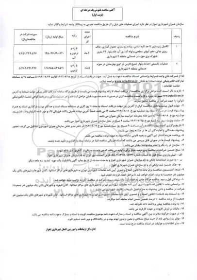 مناقصه تکمیل زیرسازی تا حدلایه اساس ، پیاده روسازی ، جدول گذاری ، خاک ریزی نباتی ، دفع آبهای سطحی...