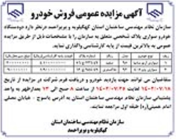مزایده دو دستگاه خودرو سواری 