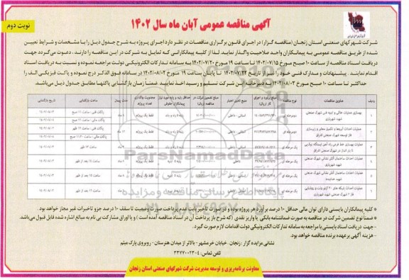 مناقصه بهسازی عملیات خاکی ، و ابنیه فنی شهرک صنعتی شهید شهریاری... - نوبت دوم