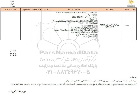 استعلام روغن ترانسفورماتور 