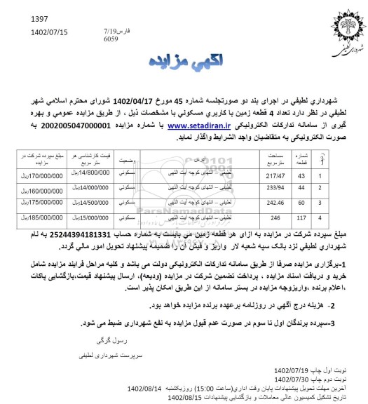 مزایده واگذاری 4 قطعه زمین با کاربری مسکونی
