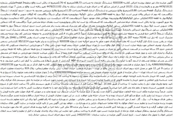 آگهی مزایده ششدانگ اپارتمان به مساحت 168.73مترمربع که 2.76مترمربع