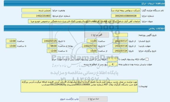مزایده ، ضایعات آهن آلیاز شامل رینگ چرخ فولادی.رام.قطعات جلوبندی.پلوس.کمک فنر.چرخ دنده.همگی درخصوص خودرو میبا