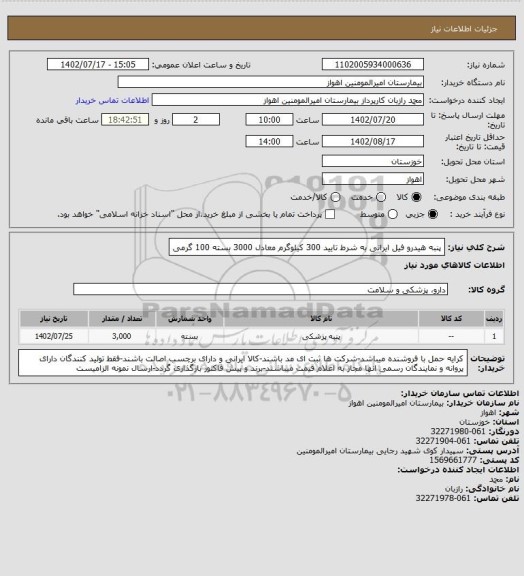 استعلام پنبه هیدرو فیل ایرانی به شرط تایید 300 کیلوگرم معادل 3000 بسته 100 گرمی