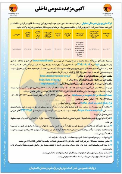 مناقصه اصلاح ساختار ، نیرورسانی به متقاضیان بهینه سازی و رفع حریم شبکه های توزیع