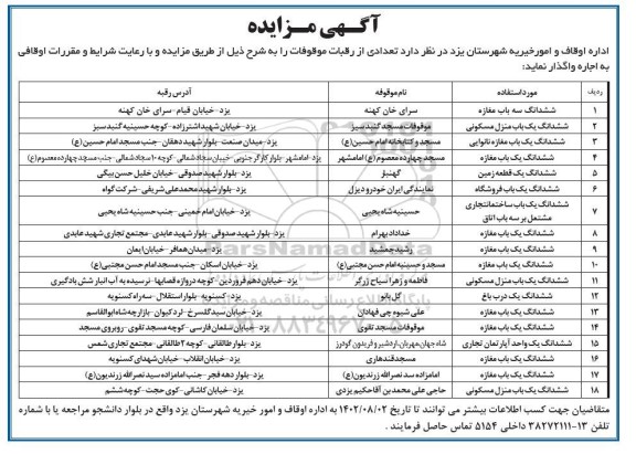 مزایده اجاره تعدادی از رقبات