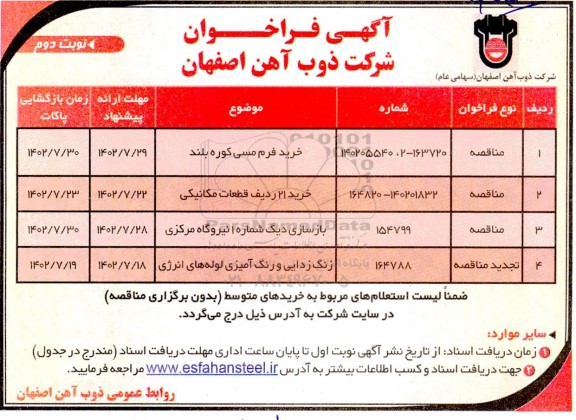 مناقصه آگهی فراخوان خریدفرم مسی کوره بلند....... نوبت دوم 