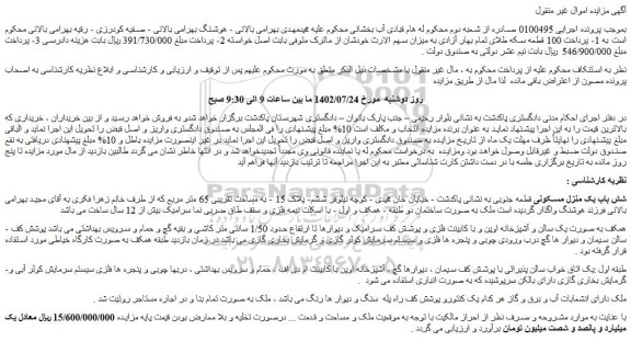 مزایده فروش شش باب یک منزل مسکونی قطعه جنوبی