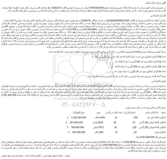 مزایده فروش تعداد 538 کارتن تنباکوی میوه ای با مارک النخل  