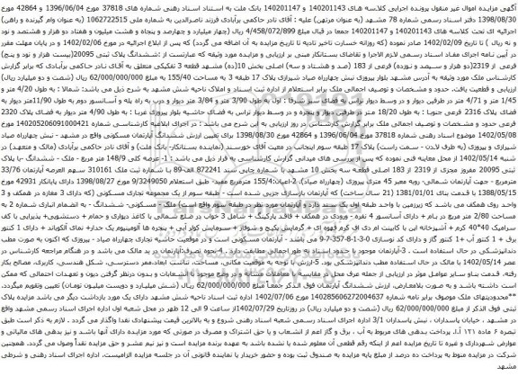 آگهی مزایده ششدانگ پلاک ثبتی 20095(بیست هزار و نود و پنج) فرعی از 2319(دو هزار و سیصد و نوزده) فرعی از 183