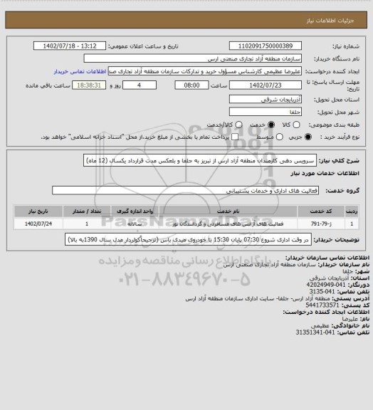 استعلام سرویس دهی کارمندان منطقه آزاد ارس از تبریز به جلفا و بلعکس         مدت قرارداد        یکسال (12 ماه)