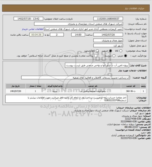 استعلام پروژه تامین آب در شهرکها و نواحی صنعتی طبق لیست پیوست