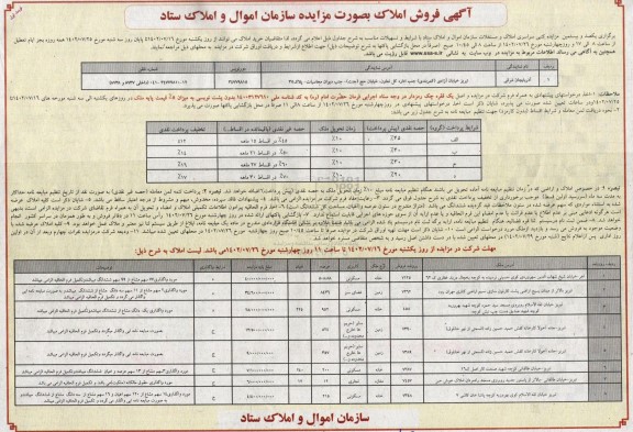 مزایده یکصد و بیستمین مزایده کتبی سراسری املاک و مستغلات 