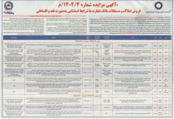 مزایده فروش املاک و مستغلات بانک تجارت با شرایط استثنایی به صورت نقد و اقساطی
