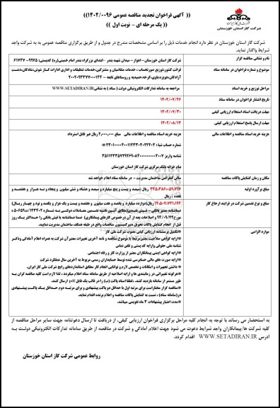 تجدید مناقصه قرائت کنتور، توزیع صورتحساب، خدمات متقاضیان و مشترکین، خدمات تنظیفات و اداری ادارات