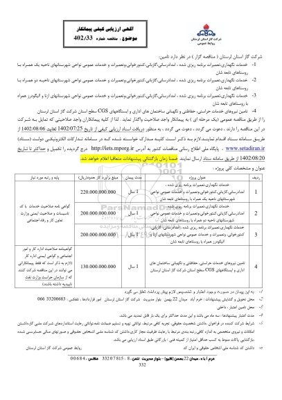 آگهی ارزیابی کیفی مناقصه خدمات نگهداری، تعمیرات برنامه ریزی شده، امدادرسانی ، گازبانی...