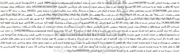 آگهی مزایده شش دانگ یک باب آپارتمان به پلاک ثبتی شماره (دوهزارو هشتصدوهشتادوچهار)2884 فرعی از 14(چهارده) اصلی