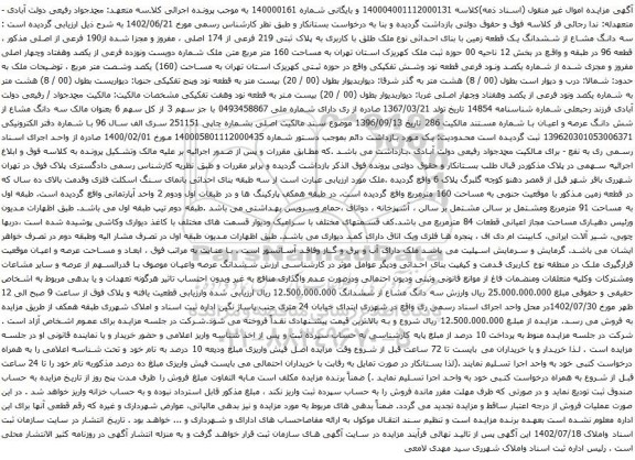 آگهی مزایده سه دانگ مشاع از ششدانگ یک قطعه زمین با بنای احداثی نوع ملک طلق با کاربری به پلاک ثبتی 219 فرعی از 174 اصلی