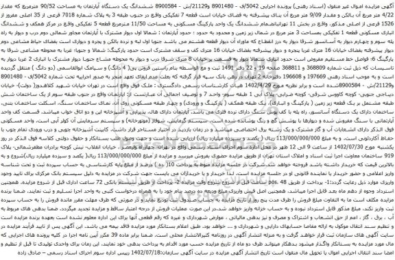 آگهی مزایده ششدانگ یک دستگاه آپارتمان به مساحت 90/52 مترمربع که مقدار 4/22 متر مربع