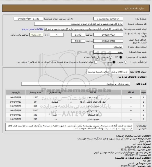 استعلام خرید اقلام پزشکی مطابق لیست پیوست