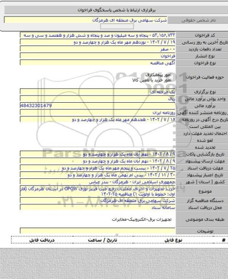 مناقصه, خرید تجهیزات و اجرای عملیات رفع عیب فیبر نوری OPGW در استان هرمزگان (فاز اول: خطوط با اولویت ۱) مناقصه ۲۵-۱۴۰۲