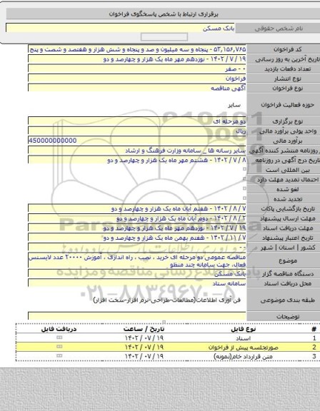 مناقصه, مناقصه عمومی دو مرحله ای خرید ، نصب ، راه اندازی ، آموزش ۲۰۰۰۰ عدد لایسنس فعال، جهت سامانه چند منظو