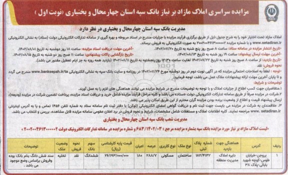 مزایده سراسری املاک مازاد بر نیاز بانک سپه